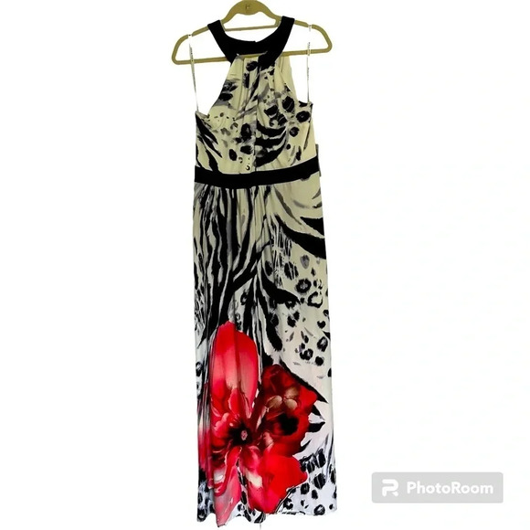 Bisou Bisou Floral Black & White Maxi Dress Michele Bohbot Red Flower Size 16